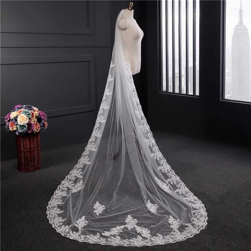 Yalice Catherdal Wedding Veils for Brides Long Bridal Veil 1 Tier Veils Floral Lace Soft Tulle Veils with Comb 118'' (White) - Image 4